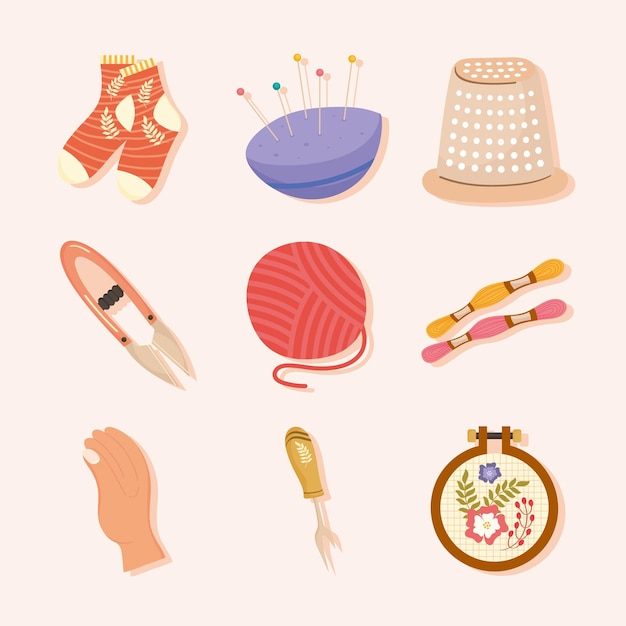 Nine embroidery and weaving set icons