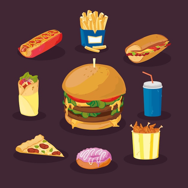 Vector nine fast food plates