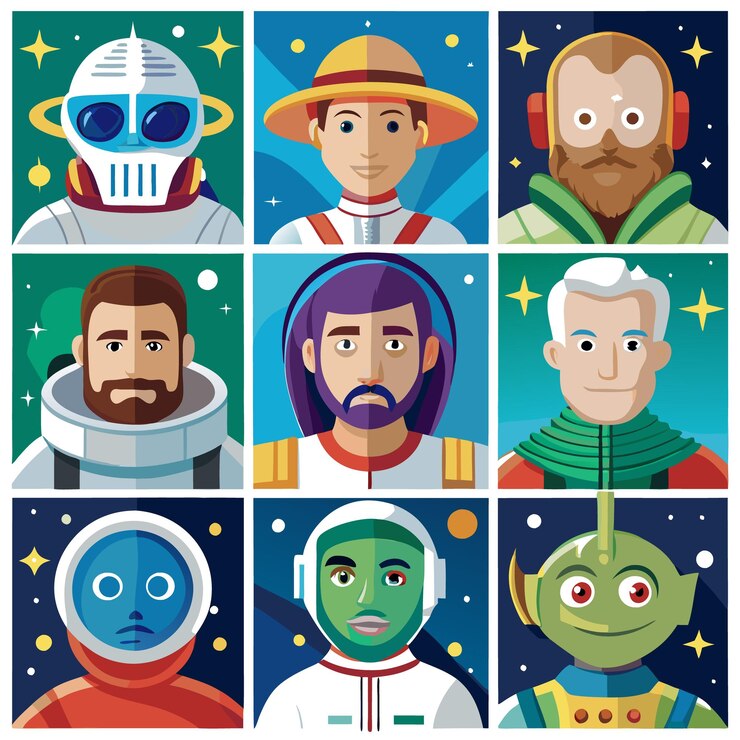 Vector nine flatdesign illustrations of diverse astronauts explorers and aliens all wearing spacethemed attire