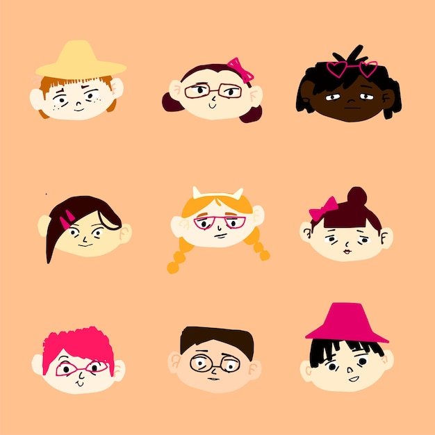 Nine handdrawn cartoon children's faces with different hairstyles and skin color