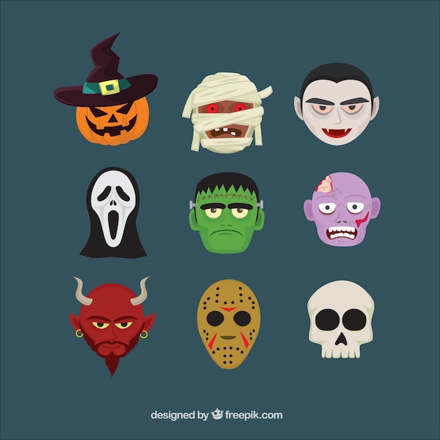 Nine heads of characters of halloween