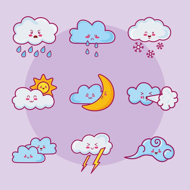 Nine kawaii clouds characters