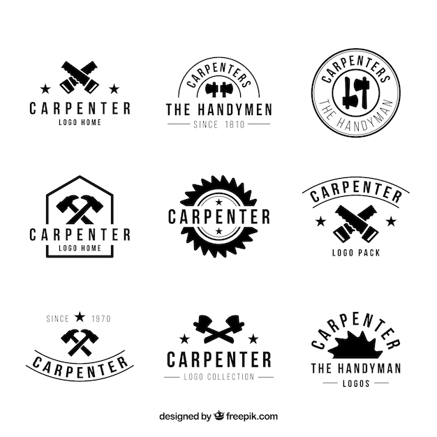 Nine logos for carpentry, black and white