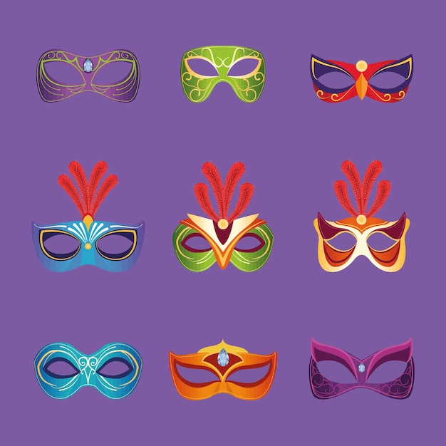 Vector nine mardi gras masks