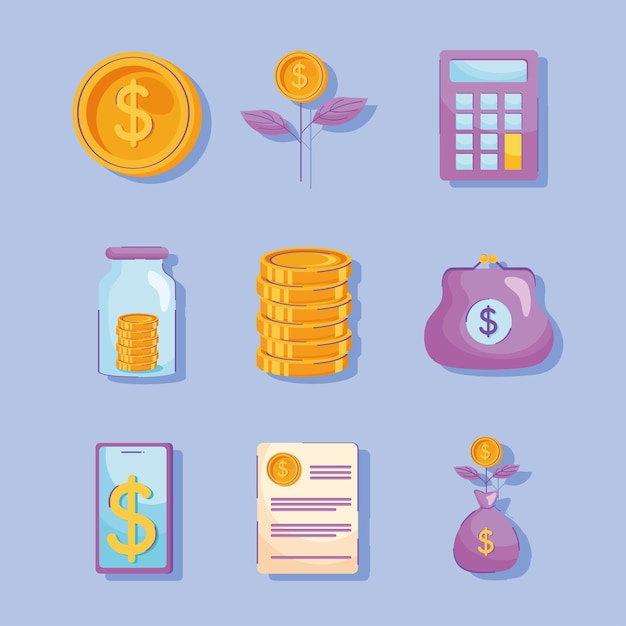 Nine money dollars icons