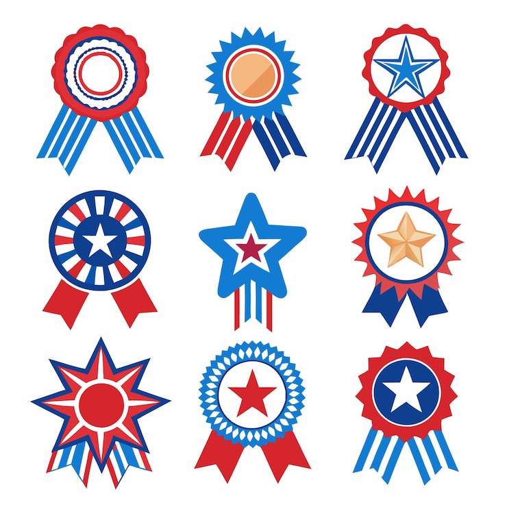 Vector nine patriotic red white and blue star award ribbons
