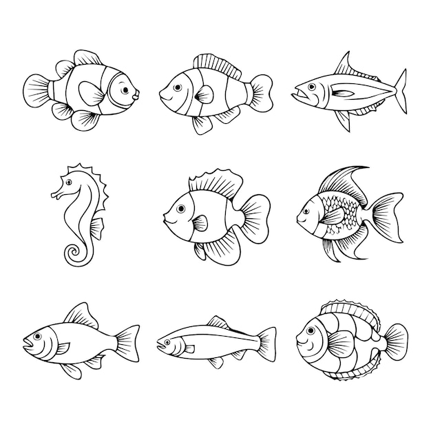Vector nine unique single line fish illustrations perfect for a childs coloring book
