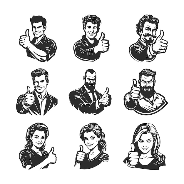 Nine vector images of people showing thumbs up