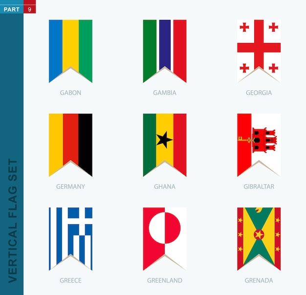 Nine vector vertical flag set Vertical icon with flag of Gabon Gambia Georgia Germany Ghana Gibraltar Greece Greenland Grenada