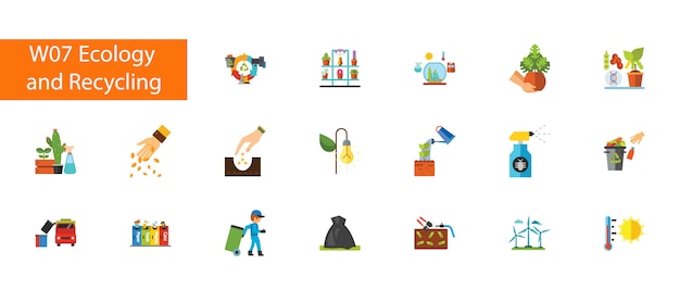 Vector nineteen ecology and recycling flat icons collection on white background.