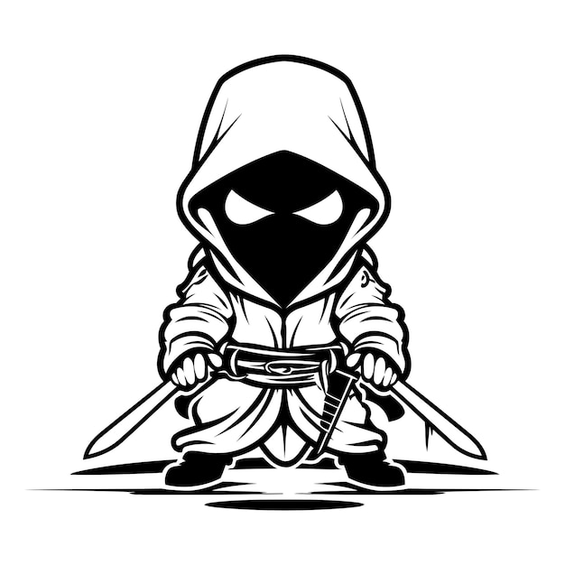 Черно-белая векторная иллюстрация ниндзя с мечом
