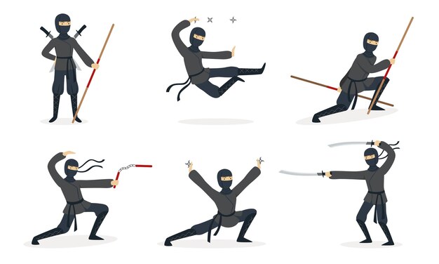 Vettore ninja in abiti neri set di illustrazioni vettoriali