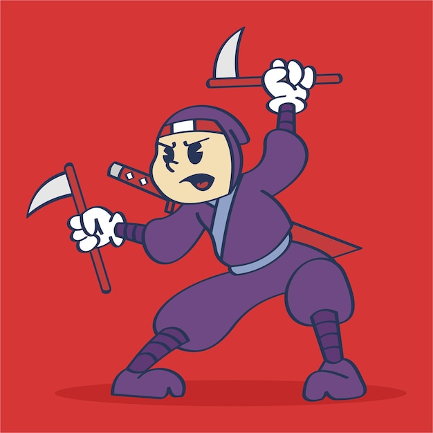 Ninja Cartoon Character Ready to Fight Holding Kama with cute expression Vintage Style Hand Drawing