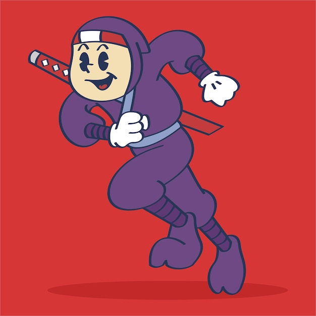 Ninja Cartoon Character Running with cute expression Vintage Style Hand Drawing