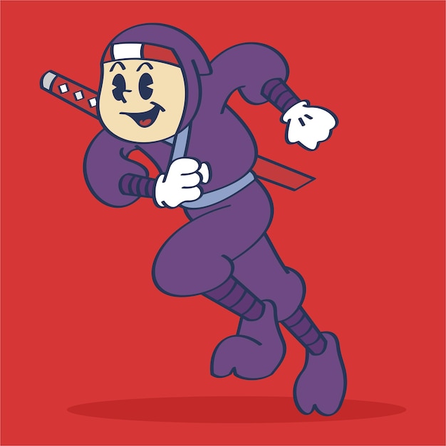 Ninja cartoon character running with cute expression vintage style hand drawing