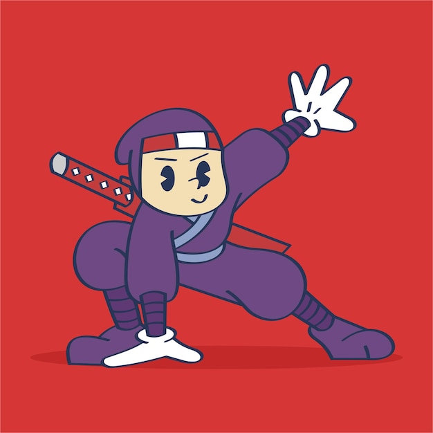 Ninja Cartoon Character Superhero Landing met schattige uitdrukking Vintage Style Hand Drawing