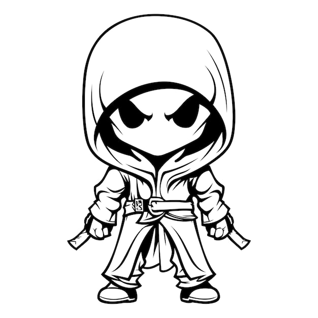 Ninja cartoon mascot personaggio illustrazione in bianco e nero