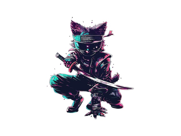 Ninja Cat With Katana Sword Samurai Cat Vector Illustration