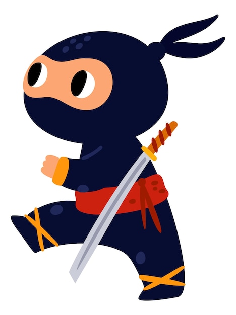 Vector ninja cute character little warrior with japanese sword isolated on white background