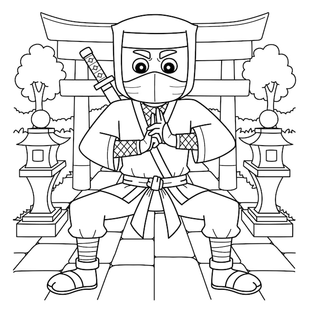 Vector ninja doing hand seals isolated coloring page