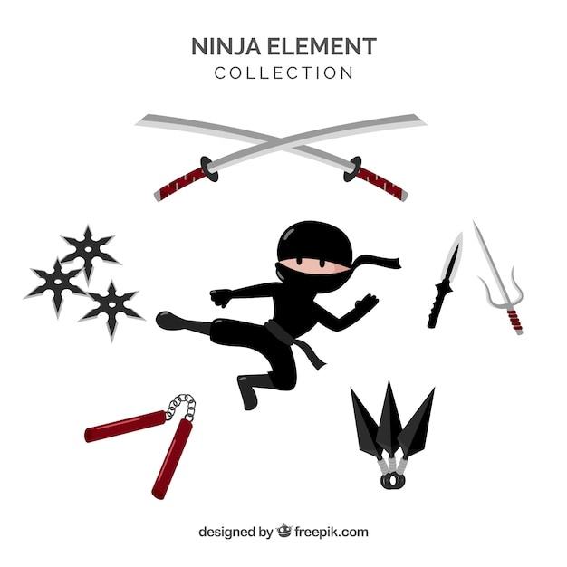 Collezione di elementi ninja con design piatto