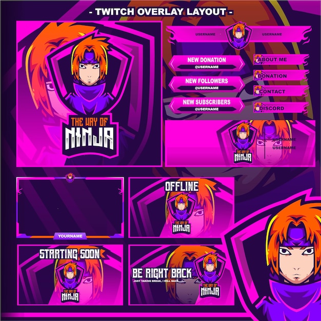 Vettore ninja elite sasuke gaming layout design streamer twitch logo personaggio