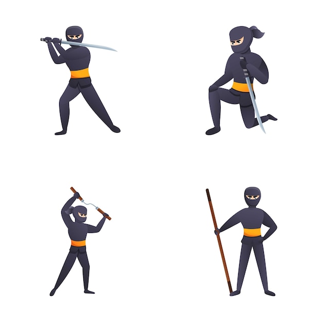 Ninja fighter icons set cartoon vector ninja character in fighting pose asian character in mask