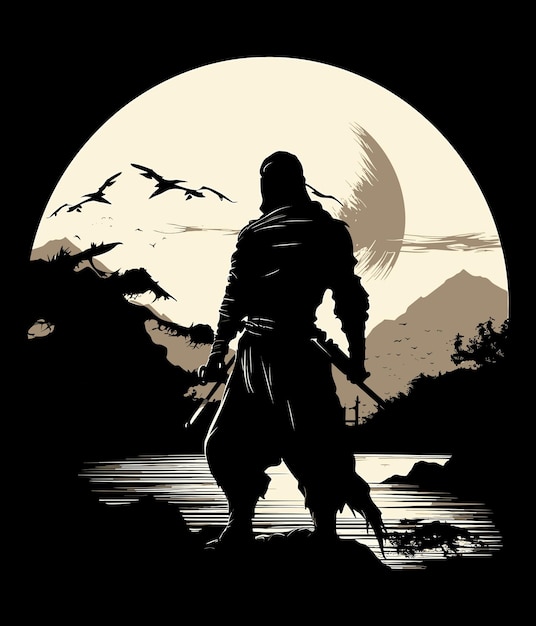 ninja fighter silhouette vector design for black tshirt design