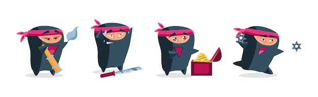 Ninja funny warrior character in samurai costume vector set