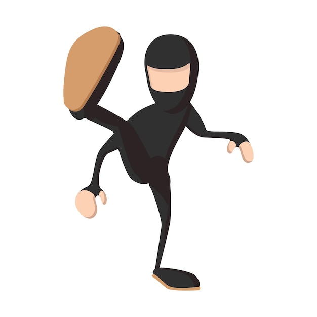 Ninja kicking cartoon icon Fighting man in black on a white background