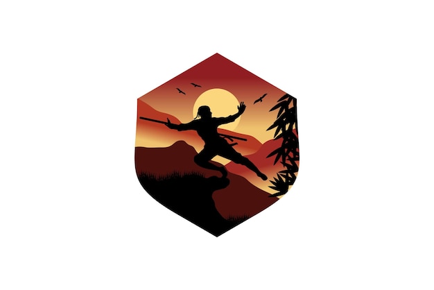 Дизайн логотипа символа боевых искусств ниндзя кунг-фу на фоне природного ландшафта