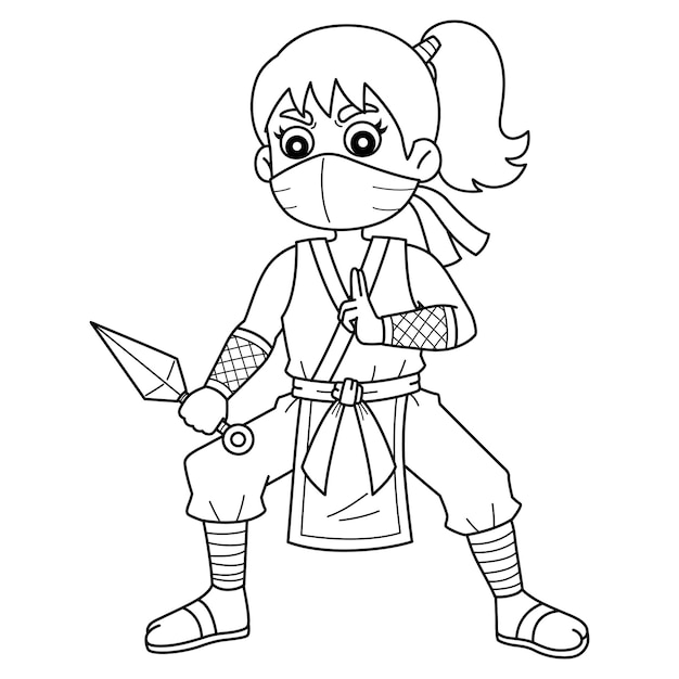 Ninja Kunoichi with Kunai Isolated Coloring Page