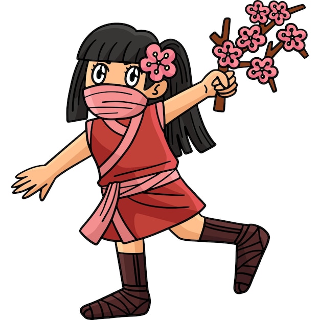 Vector ninja kunoichi with sakura branch cartoon clipart