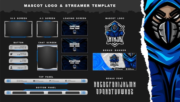 Ninja mascot logo and twitch overlay template Premium Vector