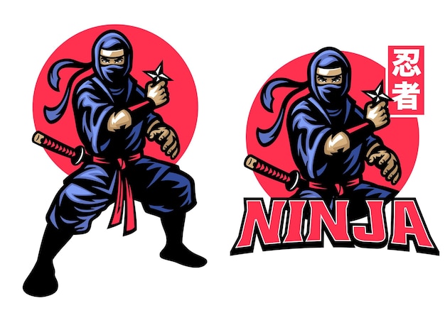 Vector ninja mascot set hold the shuriken star weapon