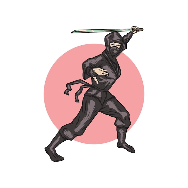 Ninja-meisje in een vechthouding met een katana in haar hand Affichedruk of t-shirtontwerp Vectorillustratie