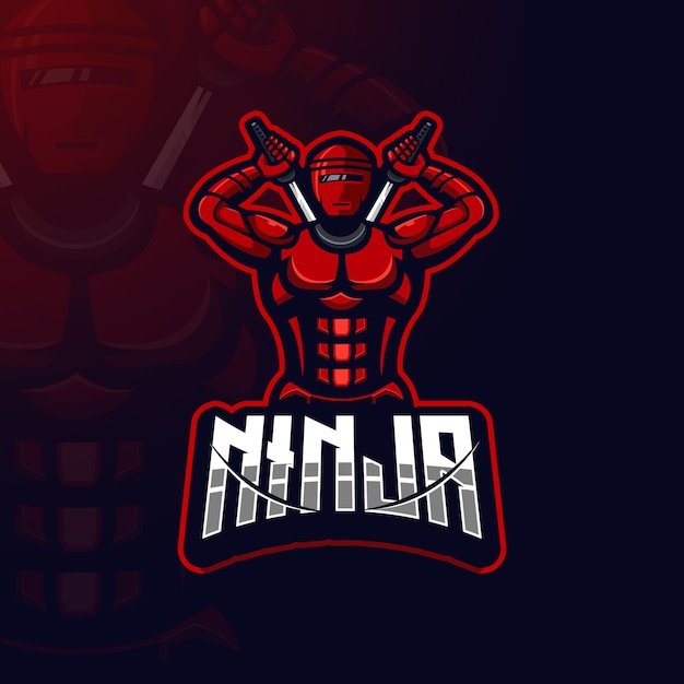 Ninja-robot met twee zwaard gedetailleerde esports gaming-logosjabloon