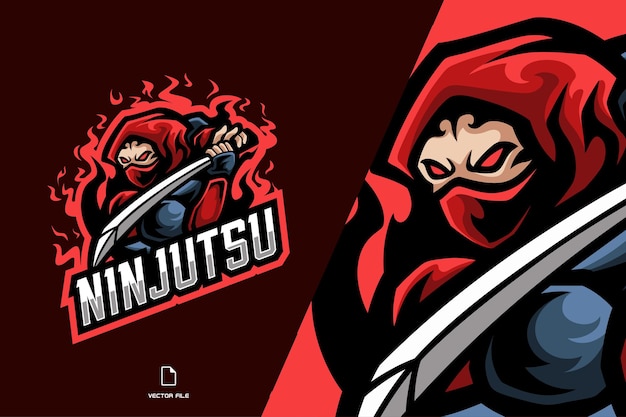 Ninja samurai met logo-spel met zwaardmascotte