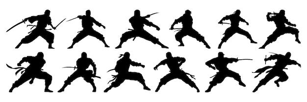 Ninja samurai vechter silhouetten instellen groot pak vector silhouet ontwerp geïsoleerde witte achtergrond