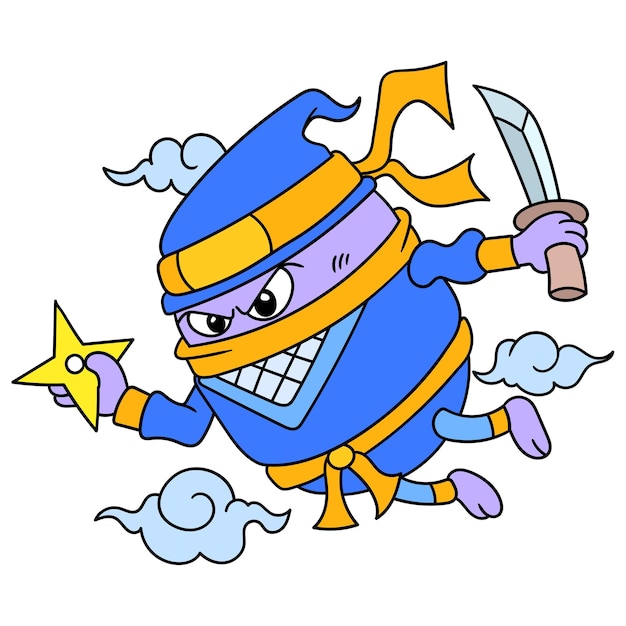 Ninja sneaking in the middle of the night carrying swords and shuriken, doodle draw kawaii. illustration art