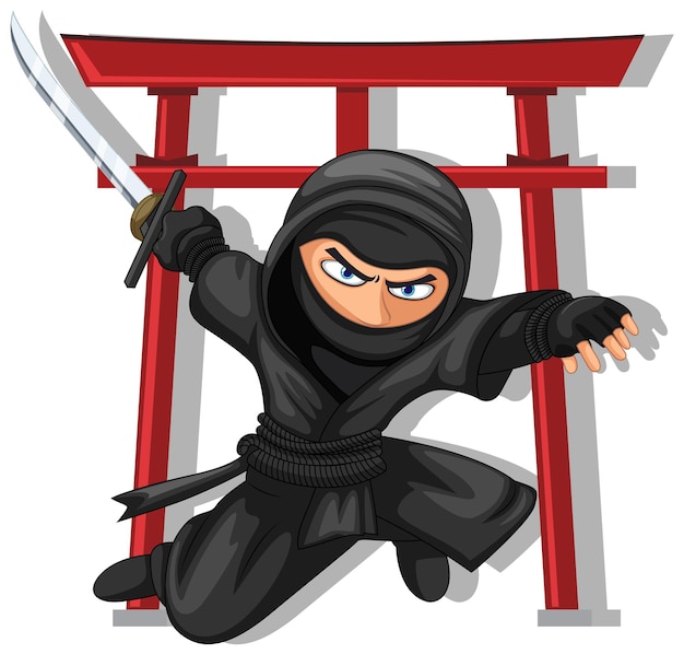 Vector ninja springt en zwaait met zwaard