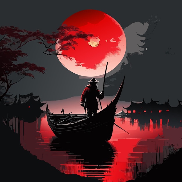 A ninja stands in a boat chinese cultural artwork illustration