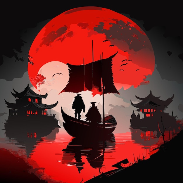 A ninja stands in a boat chinese cultural artwork illustration