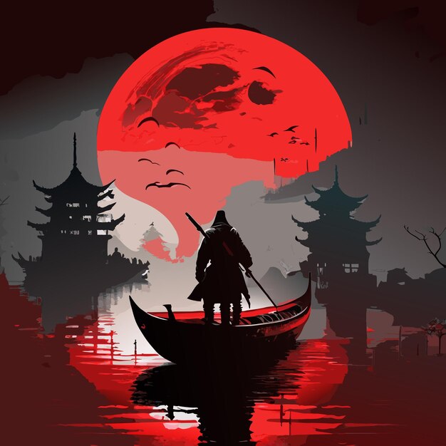 A ninja stands in a boat chinese cultural artwork illustration