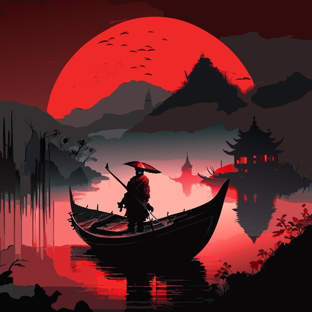 Vector a ninja stands in a boat chinese cultural artwork illustration