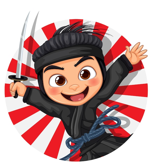 Vector ninja stripfiguur met rode stralen in japanse stijl