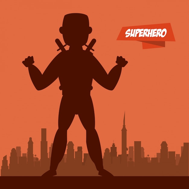 Vettore cartone animato supereroe ninja sulla silhouette della città