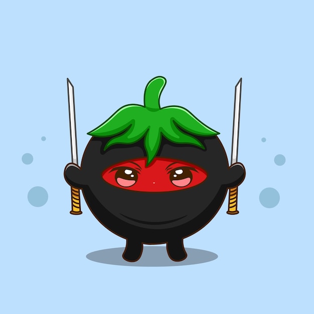 Ninja tomato with two swords illustration