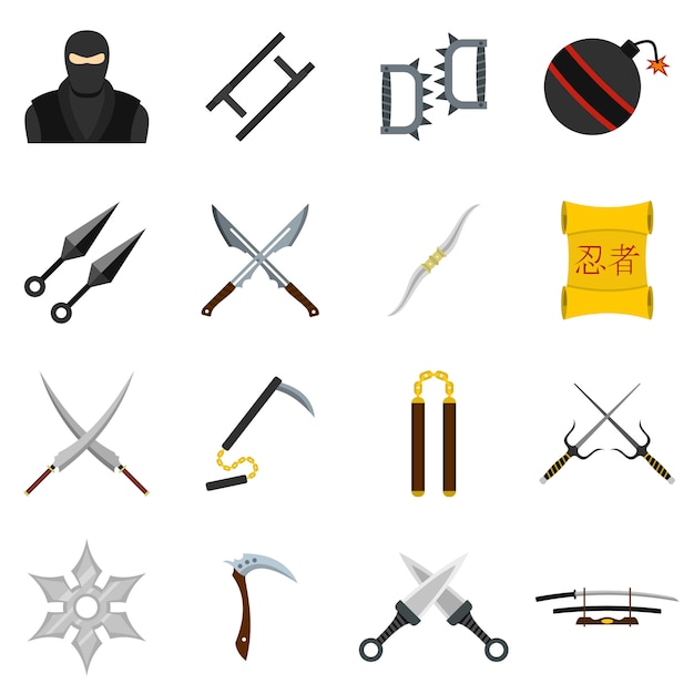 Ninja tools icons set in flat style