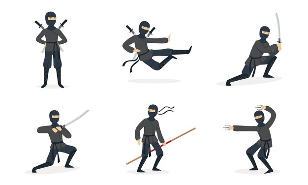 Vector ninja toont trucs set van vector illustraties